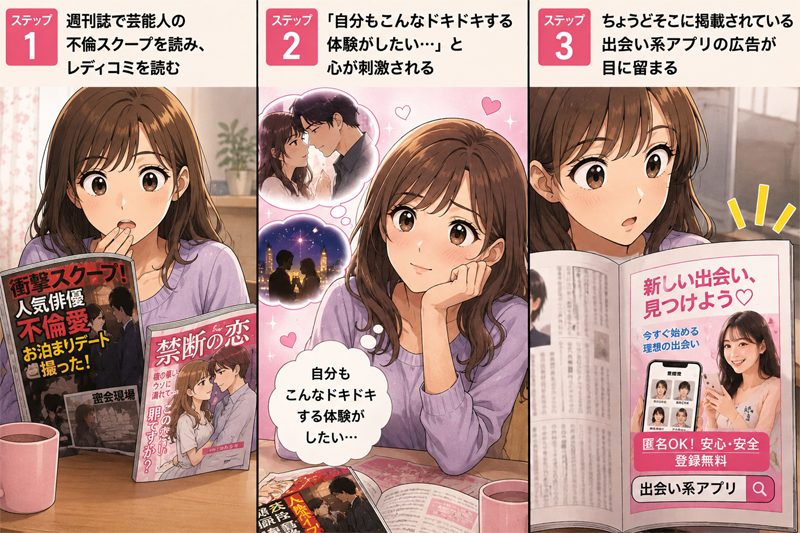 週刊誌、レディコミ、出会いアプリの広告